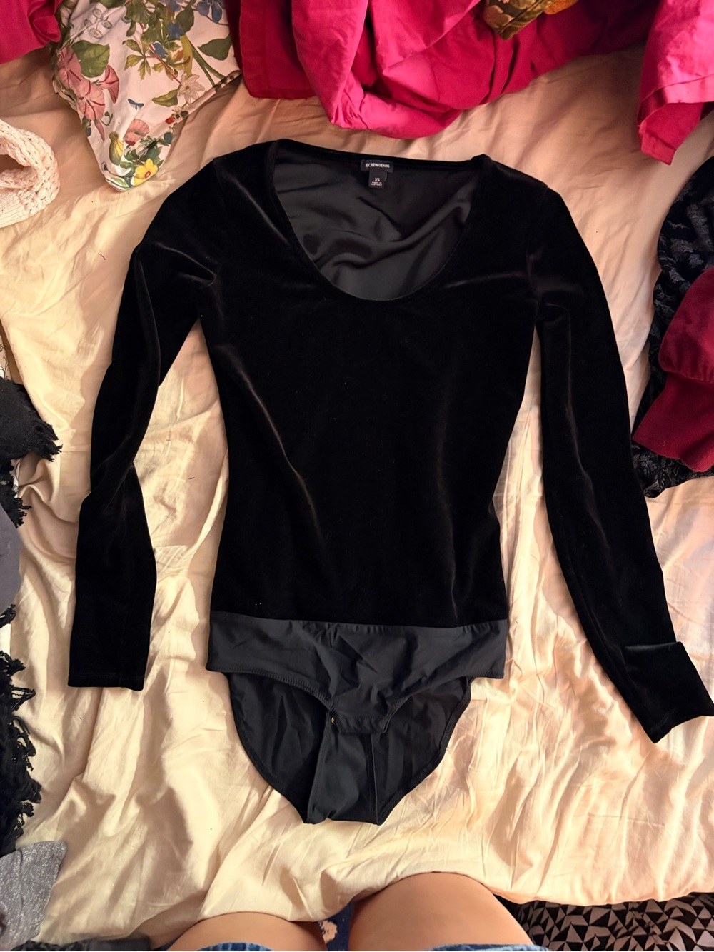 J. Crew Black Velvet Long-Sleeve Scoop-Neck Bodysuit